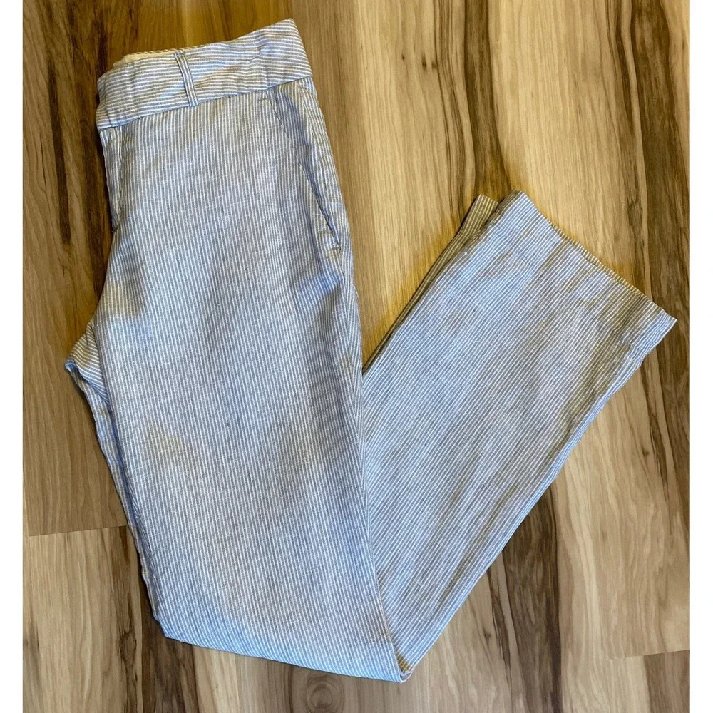 Banana Republic Martin Fit Linen Pants Blue White Seersucker Stripe Womens 2